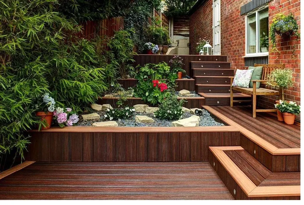 Multi-level tiered garden deck with planters
